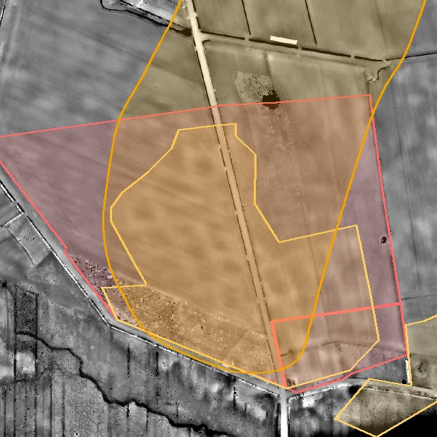 Hetzelfde reliëf met de monumentenkaart, de celtic-field-kartering en Jagers zone eroverheen